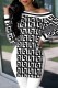 Black Casual Print Patchwork Slit Oblique Collar Tops