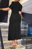 Black Casual Solid Patchwork V Neck Short Sleeve Dress