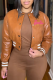 Brown Street Letter Striped Patchwork Buckle O Neck Outerwear