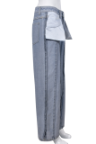 Baby Blue Street Solid Patchwork Pocket Regular Straight Solid Color Bottoms
