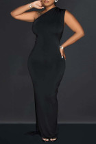Black Sexy Solid Backless Asymmetrical Oblique Collar Long Dress Dresses