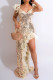 Champagne Solid Sequins Patchwork Feathers Backless V Neck Irregular Dress Dresses