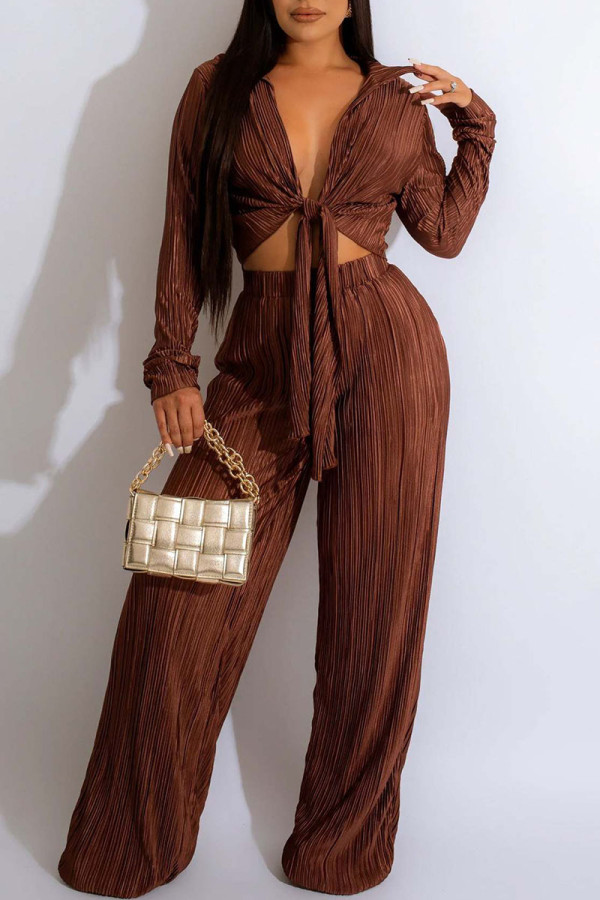 Dark Brown Casual Solid Bandage V Neck Long Sleeve Two Pieces