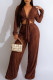 Dark Brown Casual Solid Bandage V Neck Long Sleeve Two Pieces