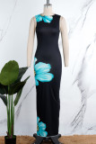 Black Elegant Floral Patchwork O Neck Wrapped Skirt Dresses