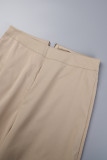 Khaki Casual Hollowed Out Patchwork Buttons O Neck Short Sleeve Two Pieces