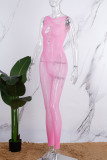 Pink Sexy Solid Lace Hollowed Out See-through Mesh O Neck Skinny Jumpsuits