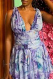Blue Casual Print Fold V Neck Sleeveless Dress Dresses