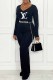 Black Sexy Casual Print Letter V Neck Jumpsuits