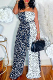 Black And White Casual Print Patchwork Backless Strapless Regular Jumpsuits