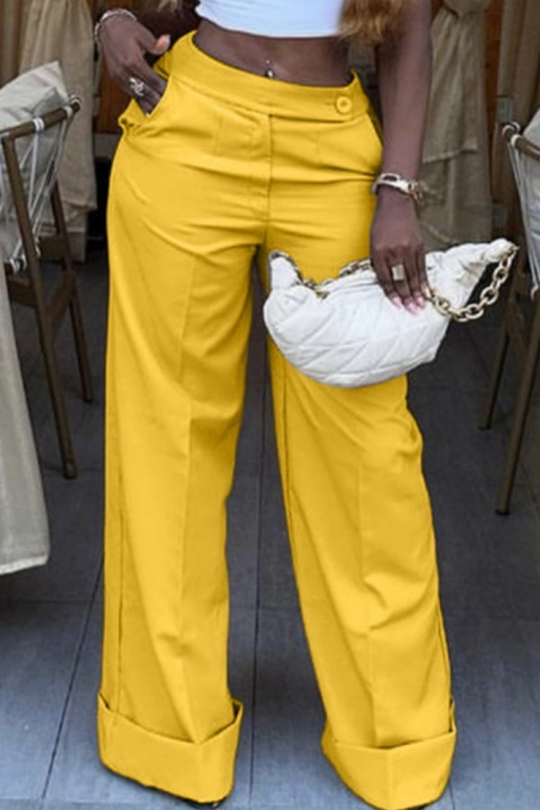 Yellow Casual Solid Patchwork Regular High Waist Conventional Solid Color Trousers