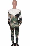Army Green Casual Camouflage Print Patchwork Letter Hooded Collar Long Sleeve Two Pieces