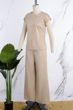 Khaki Casual Hollowed Out Patchwork Buttons O Neck Short Sleeve Two Pieces