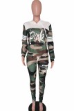 Army Green Casual Camouflage Print Patchwork Letter Hooded Collar Long Sleeve Two Pieces