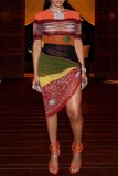 Brown Casual Print Hollowed Out Asymmetrical O Neck Short Sleeve Dress