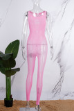 Blue Sexy Solid Lace Hollowed Out See-through Mesh O Neck Skinny Jumpsuits