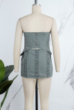 Grey Street Solid Draw String Backless Fold Zipper Strapless Sleeveless Two Pieces