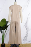 Khaki Casual Hollowed Out Patchwork Buttons O Neck Short Sleeve Two Pieces