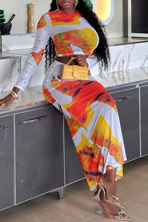 Orange Casual Print Basic O Neck Short Sleeve Two Pieces