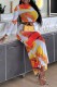 Orange Casual Print Basic O Neck Short Sleeve Two Pieces