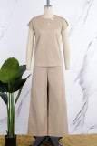 Khaki Casual Hollowed Out Patchwork Buttons O Neck Short Sleeve Two Pieces