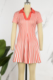 Red Casual Striped Print Patchwork V Neck Short Sleeve Dress