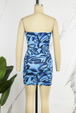 Blue Sexy Print Hollowed Out Backless Strapless Wrapped Skirt Dresses