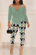 Green Casual Print Patchwork Metal Accessories Decoration Zipper Spaghetti Strap Long Sleeve Two Pieces