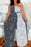 Black And White Casual Print Patchwork Backless Strapless Regular Jumpsuits