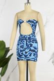 Blue Sexy Print Hollowed Out Backless Strapless Wrapped Skirt Dresses