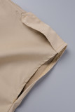 Khaki Casual Hollowed Out Patchwork Buttons O Neck Short Sleeve Two Pieces