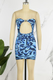 Blue Sexy Print Hollowed Out Backless Strapless Wrapped Skirt Dresses