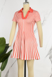 Red Casual Striped Print Patchwork V Neck Short Sleeve Dress