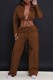 Coffee Casual Solid Frenulum Backless Turndown Collar Long Sleeve Two Pieces