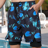 Color Blue Vacation Print Patchwork Draw String Pocket Swim Trunks