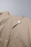 Khaki Casual Hollowed Out Patchwork Buttons O Neck Short Sleeve Two Pieces