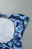 Blue Sexy Print Hollowed Out Backless Strapless Wrapped Skirt Dresses
