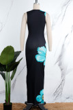 Black Elegant Floral Patchwork O Neck Wrapped Skirt Dresses