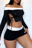 Black Casual Solid Bandage Patchwork Contrast Off the Shoulder Long Sleeve Two Pieces