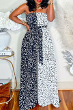 Black And White Casual Print Patchwork Backless Strapless Regular Jumpsuits