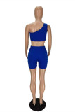 Blue Sexy Casual Solid Backless One Shoulder Sleeveless Two Pieces