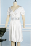 Black Casual Solid Patchwork With Belt V Neck Pleated Short Sleeve Dress