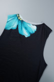 Black Elegant Floral Patchwork O Neck Wrapped Skirt Dresses