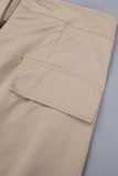 Khaki Casual Hollowed Out Patchwork Buttons O Neck Short Sleeve Two Pieces