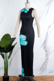 Black Elegant Floral Patchwork O Neck Wrapped Skirt Dresses