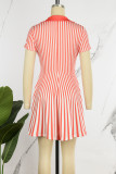 Red Casual Striped Print Patchwork V Neck Short Sleeve Dress