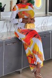 Orange Casual Print Basic O Neck Short Sleeve Two Pieces