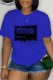 Blue Casual Print Letter O Neck T-Shirts