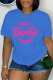Royal Blue Street Vintage Print Letter O Neck T-Shirts