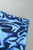 Blue Sexy Print Tassel Backless Strapless Sleeveless Two Pieces